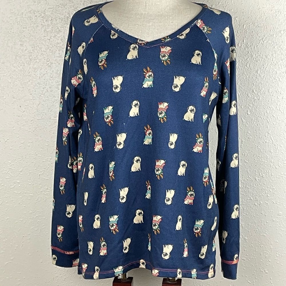 Used Jenni Intimates Womens Blue Reindeer Pug Christmas Pajamas Size M